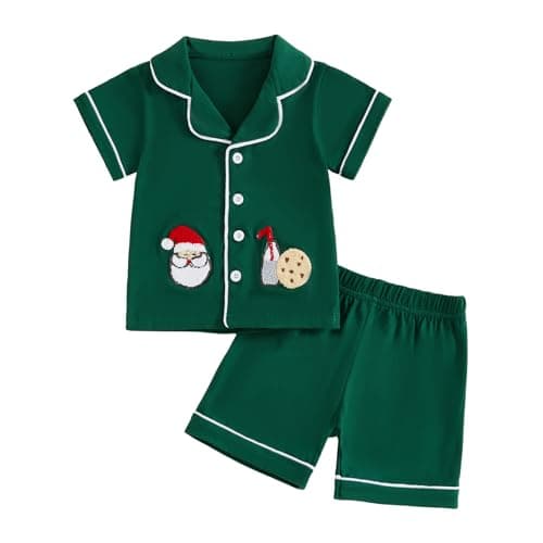 Balaflyie Toddler Baby Pajama Set Boy Girl Button Down Sleepwear Short Sleeve Shirt&Shorts Cotton Jammies Kids Lounge Sets (Santa Cookie&Dark Green,12 Months)