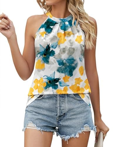 Ivicoer Summer Tops for Women 2025 Trendy Tops Halter Beach Tops Flowy Tops for Women 2025 Beach Tank Tops Multi Teal XXL