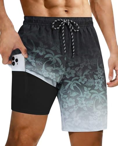 Cozople Compression Swim Trunks for Mens Ombre Black Drawstring Bathing Suit 7 inch Tropical Print Swim Shorts No-Chafing Swimming Trunk with Boxer Brief Liner Casual Board Shorts X-Large