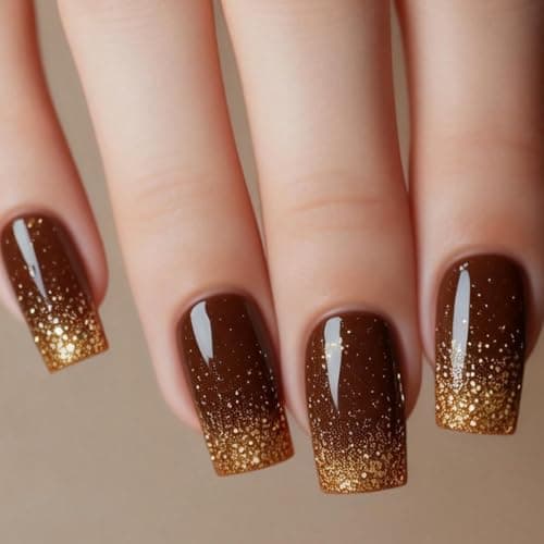 Brown Press on Nails Medium Square Fake Nails Gold Glitter Gradient False Nail Glossy Stick on Nail for Women 24Pcs