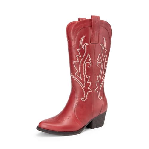 DREAM PAIRS Women's Cowboy Cowgirl Boots Embroidered Pointed Toe Low Heel Western Mid Calf Boot for Theme Party Country Concert,Size 8.5,Red,DWUMMB2503