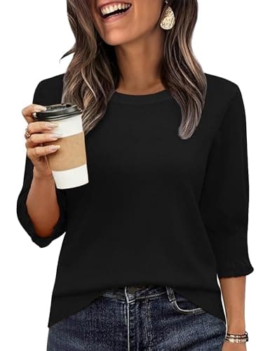 Totatuit 3/4 Sleeve Sweaters for Women Crew Neck Lightweigh Sweater Black M