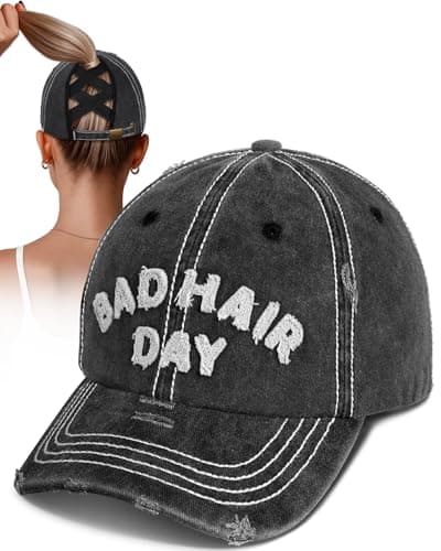 Flafens Women Pony Hats High Ponytail Baseball Caps - Cotton Vintage Washed Distressed Retro Sports Graphic Cute Fashion Summer Adjustable Criss Cross Trucker Hat for Ladies Girls, Bad Hair Day