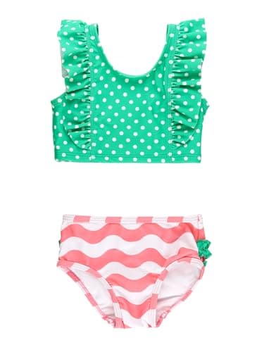 RuffleButts Baby/Toddler Girls UPF50+ Waterfall Tankini Two Piece Swimsuit - Bubblegum Pink Wavy Stripe, 10