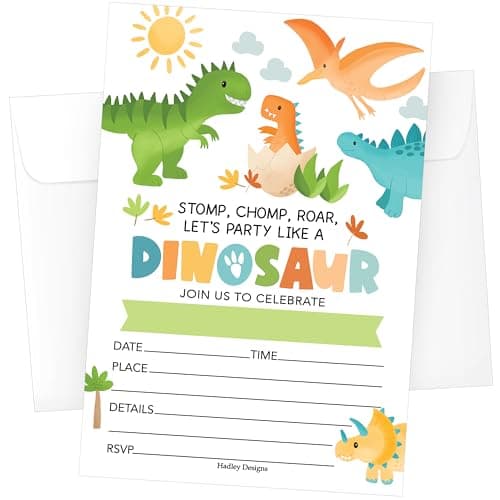 Hadley Designs Kids Birthday Invitations For Boys Dinosaur Theme - 15 Dino Birthday Party Invitations For Boys with Envelopes, Dinosaur Invites For Boy, Cute Party Supplies, Made In USA