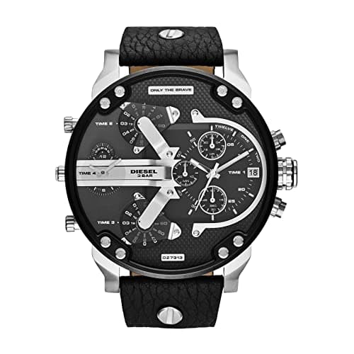 Diesel Mr. Daddy 2.0 Men's Watch, Stainless Steel and Leather Chronograph Sports Watch for Men, Color: Black/Silver