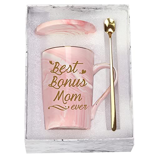 Best Bonus Mom Ever Coffee Mug - Birthday and Mother's Day Gift from Daughter, Son, Kids - 14 Ounce Pink With Gift Box, Spoon, Coaster