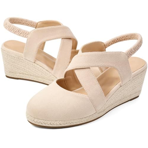 HARENCE Espadrilles Wedge Sandals for Women: Comfortable Closed Toe Ankle Strap Elastic Shoes Summer Dressy Platform Heels