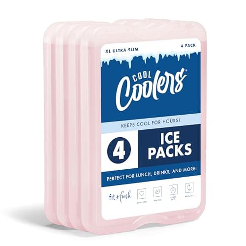 Cool Coolers by Fit & Fresh XL Slim Ice Packs, Quick Freeze Reusable Ice Packs for Lunch Boxes & Coolers, Long-Lasting, Space Saving Cooler Ice Packs, Light Pink, 4Pk