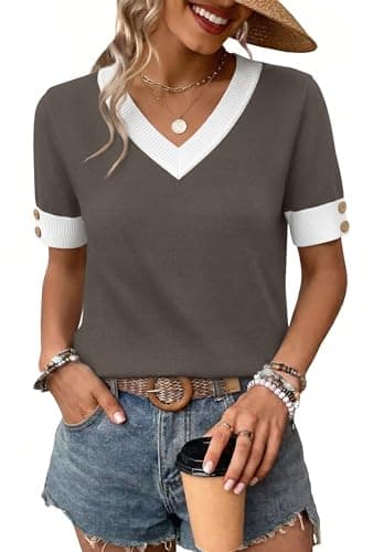 Womens Summer Tops Short Sleeve Shirts Business Casual Outfits Spring Tops Short Sleeve Sweaters Teacher Work Office Ladies Top Blouses Beach Vacation Clothes 2026 Resort Wear Trendy Coffee