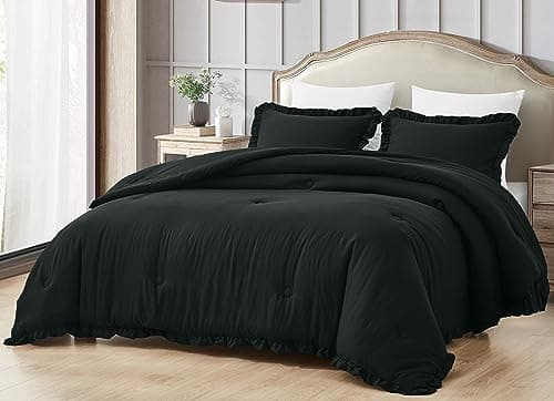 Chezmoi Collection Nora Black Comforter Set Twin Size 2-Piece Lightweight Soft Stone-Washed Ruffled Shabby Chic Bedding for All Season