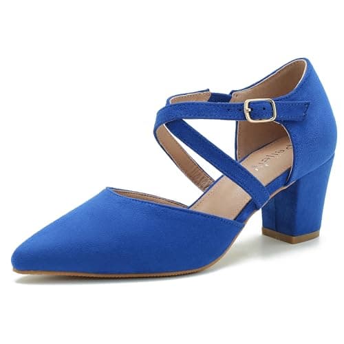 Women's Pointed Toe Pumps, Cross-Strap, Block Heel Dress Shoes Suede Royal Blue 37 - US 6