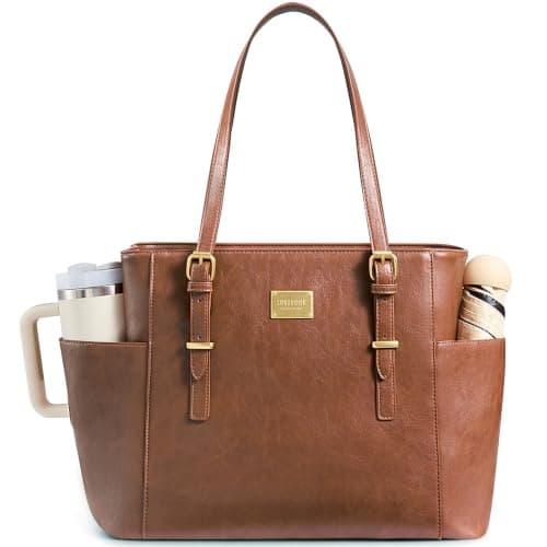 LOVEVOOK Laptop Tote Bag for Women, Vintage Leather 15.6 Inch Work Tote with Large Water Bottle Pocket, Teacher Nurse Professional Computer Bag, Office Briefcase Handbag Gift, Brown