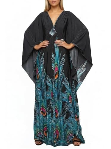 MYBWTW Plus Size Kaftan Dress for Women, Oversized V-Neck Batwing Sleeve, Boho Swimsuit Cover Up, Maxi Beach Resort Caftan (Green Feather Flower)