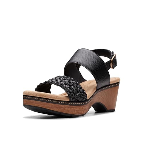Clarks Collection Women's Seannah Step Wedge Sandal, Black Leather, 9.5 Medium US