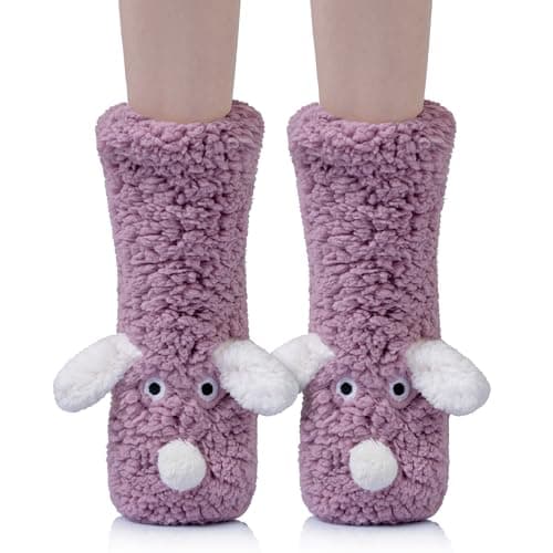 Eocom Kids Boy Girls Slipper Socks Crazy Funny Fuzzy Cute Animal Grips Winter Warm Fluffy Cozy Socks(Purple, 8-12 Years)