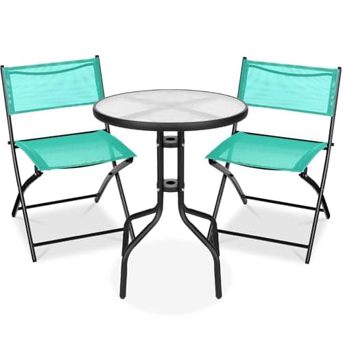Best Choice Products 3-Piece Patio Bistro Dining Furniture Set w/Textured Glass Tabletop, 2 Steel Folding Chairs, Polyester Fabric - Mint