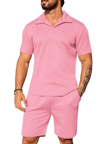 URRU Mens shirts and short sets 2 Piece Outfits Summer Short Sleeve Casual Lapel Shorts Set Pink L