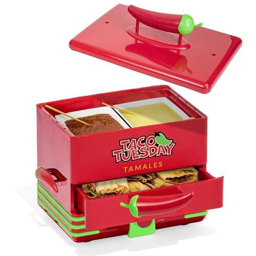 Nostalgia Taco Tuesday Tamales Steamer - Veggie, Pot Sticker, Hot Dog, Egg, & Hot Tamale 2 Tier Food Steamer – Red and Green