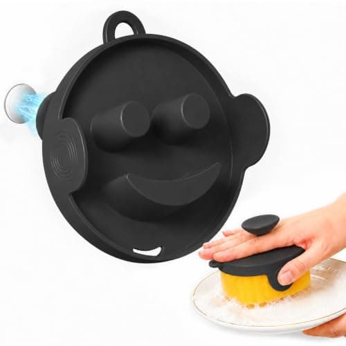 Duseu Silicone Magnetic Sponge Holder with Handle, Adhesive Mount Plate, Self‑Draining Sink Caddy Compatible with Scrub Daddy, for Kitchen, RV, Apartment, Black