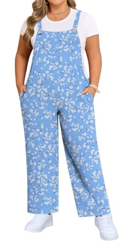 Findsweet Womens Plus Size Jumpsuit for Women Overalls Summer Casual Adjustable Strap Rompers with Pockets 2XL,Blue-white Flower
