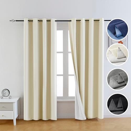 FEBSIXTH 100% Beige Linen Blackout Curtains for Bedroom,Black Out Curtains for Living Room,Double Layer Usable Room Darkening Curtains 63 Inch Length,Bedroom Linen Curtains Balckout,52 Wide,2 Panels