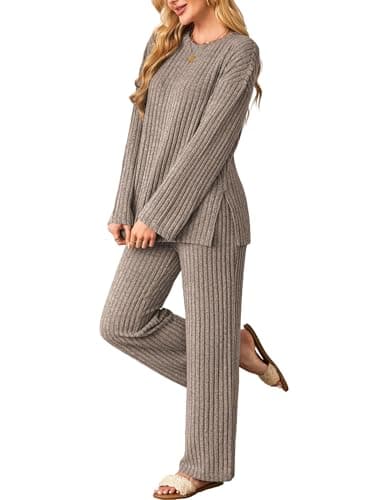 Kikibell 2 Piece Lounge Set Women Knit Pajamas Fall Winter Outfits Matching Sets Pjs Loungewear Camel