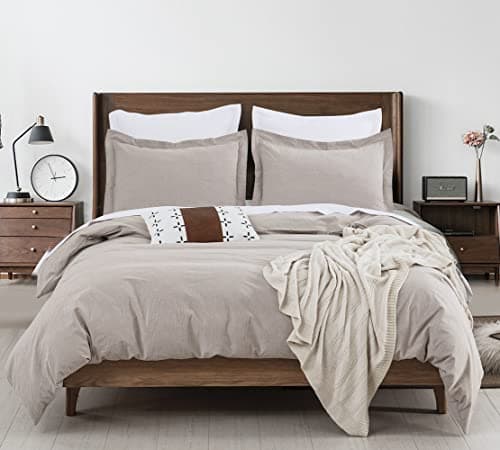 DAUAOTO Queen Duvet Cover Set 90"X90" Grayish Beige Neutral Linen Look Bedding, Washed Cotton Long Zipper Closure