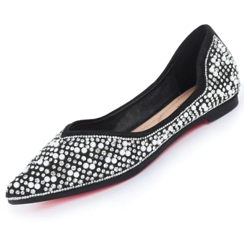 YOYOCXH Women's Flats Pointed Rhinestone Pearl Comfortable Soft Wedding Elegant Ballet Dressy Flats Black 6
