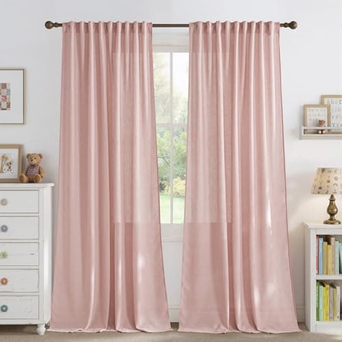 NICETOWN Thick Linen Blend Light Pink Sheer Curtains for Girls Room, Pleat Tape Semi Sheer Privacy Added with Light Filtering Window Treatments for Bedroom/Living Room, W52 x L84, 2 Panels