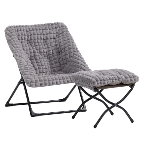 HollyHOME X-Large Saucer Chair with Foldable Ottoman, Comfy Oversized Folding Chair and Folding Footrest Stool Set, Faux-Fur Reading Chair and Footstool for Living Room, Blue&Grey Chair&Stool