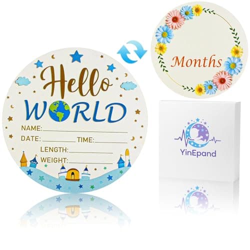 Baby Announcement Sign, 5.9 Inch Wooden Hello World Newborn Name Sign, Double Sided Baby Monthly Milestone Signs, Nursery Decor, Birth Announcement Sign for Welcome Newborn Boys Girls Photo Prop