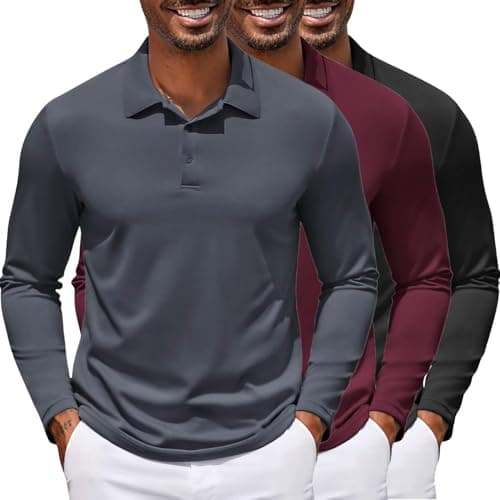 COOFANDY 3 Pack Mens Golf Shirt Quick Dry Long Sleeve Polo Shirt with Collar Sun Protection Shirts, Black & Dark Grey & Wine Red, Small