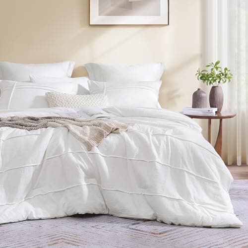 AMBERSPACE Boho King Size Comforter Set, White Pinch Pleat King Size Bed Set, 3 Piece Bedding Set, Warm Fluffy King Bed Set(White,102"*90")