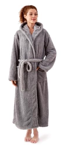 KORBLISS Robes for Women – Hooded Premium Womens Plush Soft Robe Fluffy, Warm, Fleece Sherpa Shaggy Bathrobe, Soft Warm Womens Robe with Pockets and Belt, Light Grey, Medium