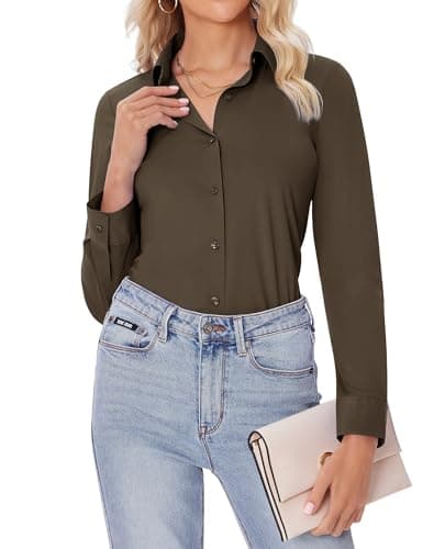 siliteelon Button Down Shirts for Women Slim fit Long Sleeve Stretch Dress Shirts Work Shirt Wrinkle Free Office Blouses Coffee Brown 3XL
