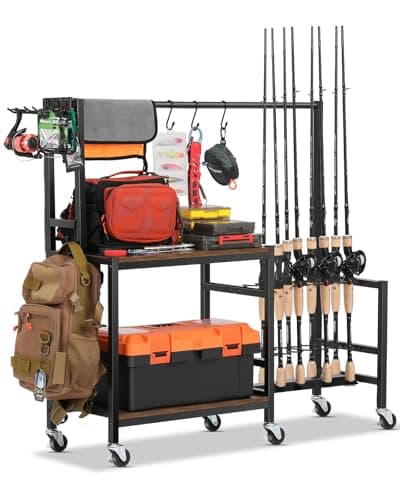 EXTCCT Fishing Rod Holder, Rolling 16 Pole Rack Cart for Garage, Brown