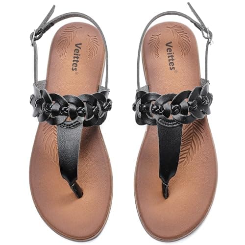 Veittes women's Dressy T-strap Casual Fancy Slide flat Sandals,Black 11