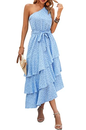 PRETTYGARDEN Women's Summer Floral Sundress Casual One Shoulder Tiered Ruffle Flowy Midi Beach Boho Dresses (Floral Light Blue,Small)