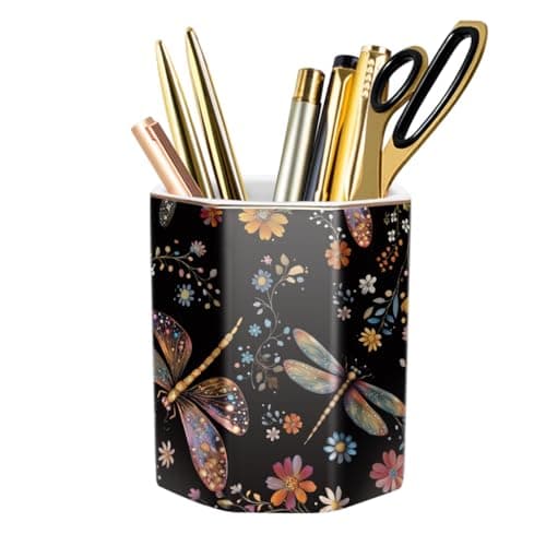 WAVEYU Pen Holder, Pencil Cup for Desk, Cute Desk Organizer, Durable Ceramic Decorative Makeup Brush Desktop Accessories, Stylish Stationery for Office, Home, Cute Dragonfly Pattern