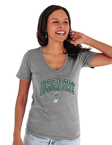 Blue 84 Michigan State Spartans Women's Tri-Blend T-Shirt Vintage Arch Over Secondary Color, Heather, Small