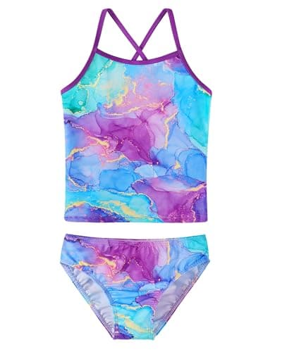 TFJH E Girls Bathing Suits 2PCS Swimsuits Sun Protection 50+ Bikini Rash Guard Sets 3t 4t Purple Marble 4A