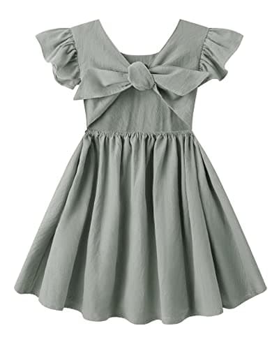 LYXIOF Toddler Girl Cotton Linen Summer Back Bowknot Dress Grey Green 110