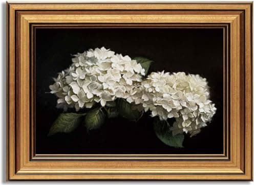 Vintage Gold Framed Moody Hydrangea Canvas Wall Art, Dark Flowers Painting Picture Wall Decor, White Still Hydrangea Poster Print Artwork for Bathroom Bedroom Living Room Home Decoration 9x11in