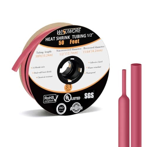 1/2" Red Heat Shrink Tubing 50FT - 3:1 Dual Wall Adhesive Lined, High-Visibility Waterproof, UL Listed for Automotive Battery Positive Terminals, Industrial Circuit Marking & RV Wiring