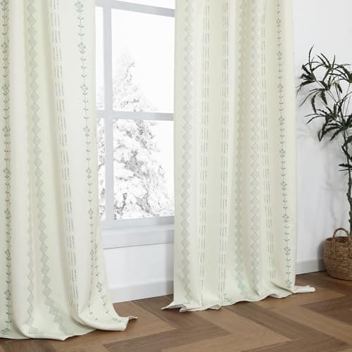 Lino Rosa Cream Room Darkening Curtains with Sage Green Accents, 63 Inch Length Semi Blackout Drapes for Bedroom 2 Panel Set