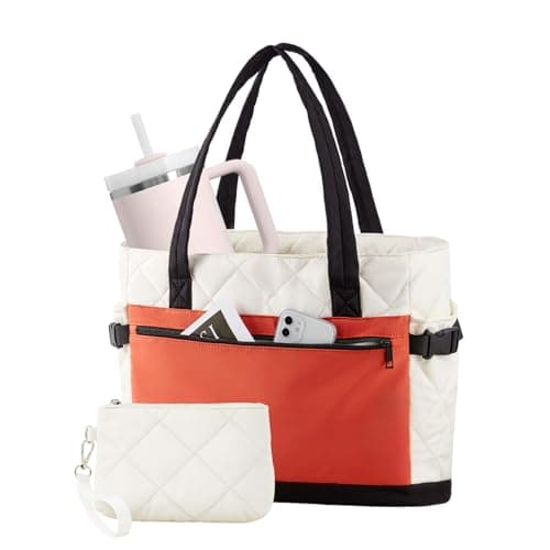 Large Puffer Tote Bag for Women, 15.6 Inch Laptop Work Bag with Cup Holder, Teacher Bag with Compartments, Quilted Tote Bag with Zipper for Travel, College, Gym, Daily (Beige-OrangeRed-Black, Large)