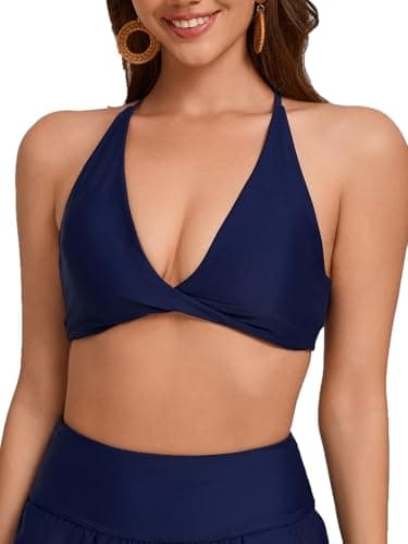 Womens Criss Cross Swim Bra Twist Front Bikini Tops Bathing Suit Top Sexy Sport Bra Swimsuit Navy