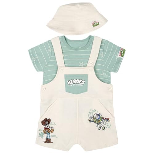 Disney Toy Story Infant Baby Boys Short Overalls, T-Shirt and Bucket Sun Hat 3 Piece Outfit Set Cream/Green 18 Months