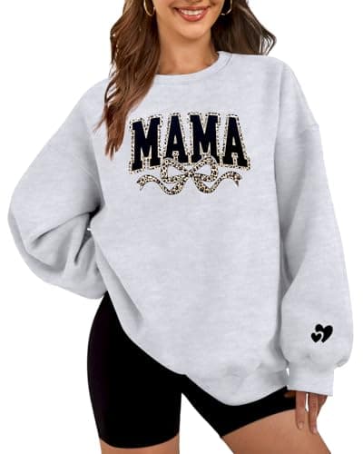 HEYTALALA Mama Sweatshirt for Women Oversized Crewneck Pullover Hoodies Graphic Tops Long Sleeve Mom Shirts Grey